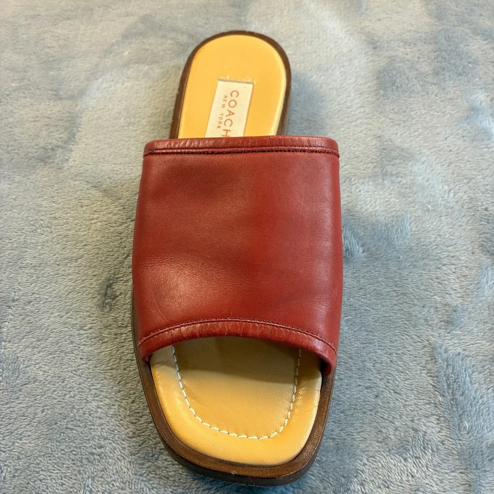 Coach Red Leather Slide Sandals Made in Italy Square Toe Flat Mules Women's 7B